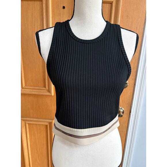 Helmut Lang Women's Rib Crop Tank Black Beige Trim Women’s XL - Picture 2 of 10